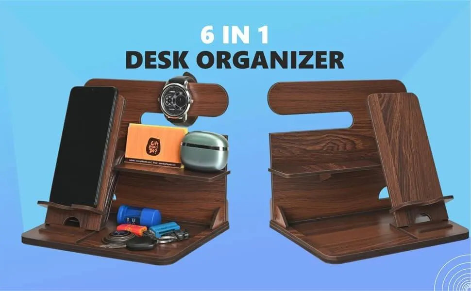 Desk Organizer & Docking Station (6 in 1) with Mobile Stand Gift for Him Gift for Husband Gift for Brother Table Organizer (Eco Friendly) (Wood)