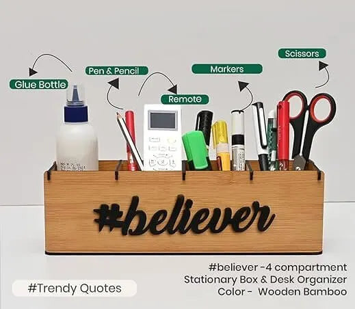 Multifunctional Office Supplies Desk Organiser Table Stationery Office Organizer, Motivational Gift (Believer (Bamboo))
