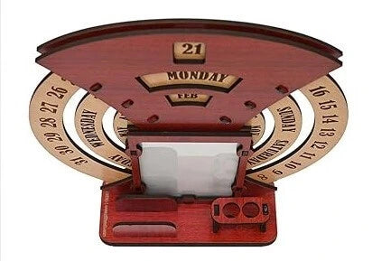 Wooden Desk / Table Calendar to Lifetime Infinite Calendar 2023 with Desk Organizer and Photo Frame for Office / Home (Red)