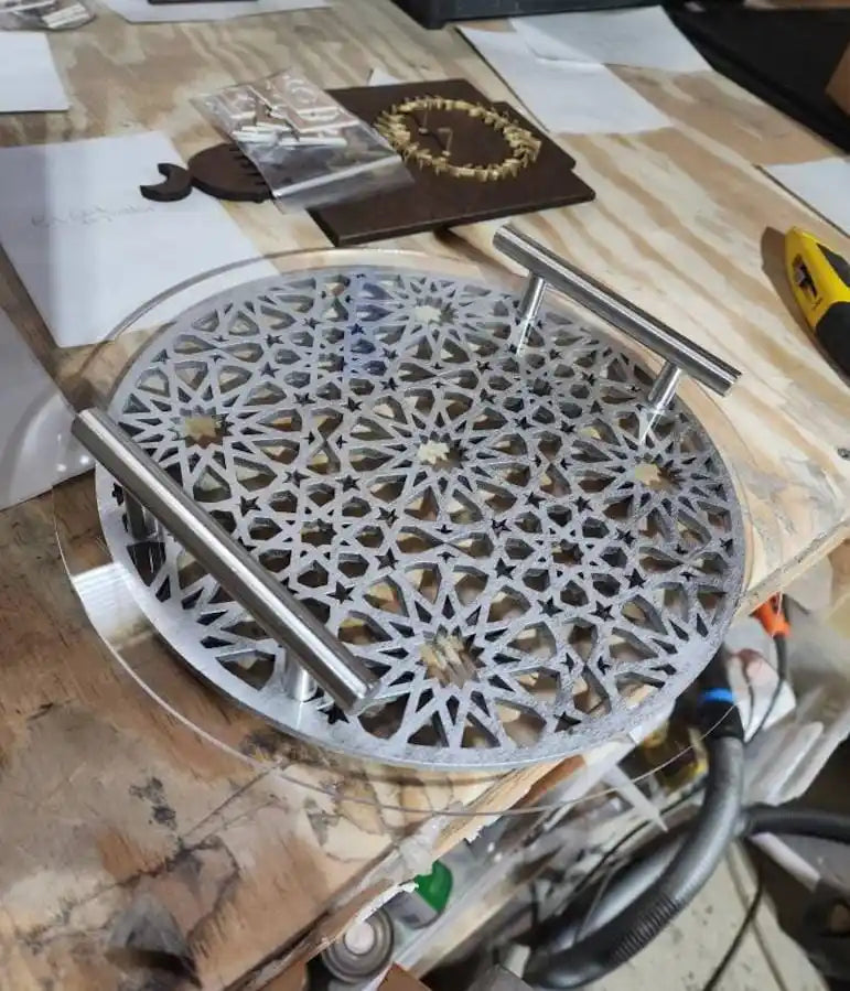 Islamic Pattern Wooden Sweets Tray With Acrylic Top - Gold/Silver-Ramadan-Eid Tray