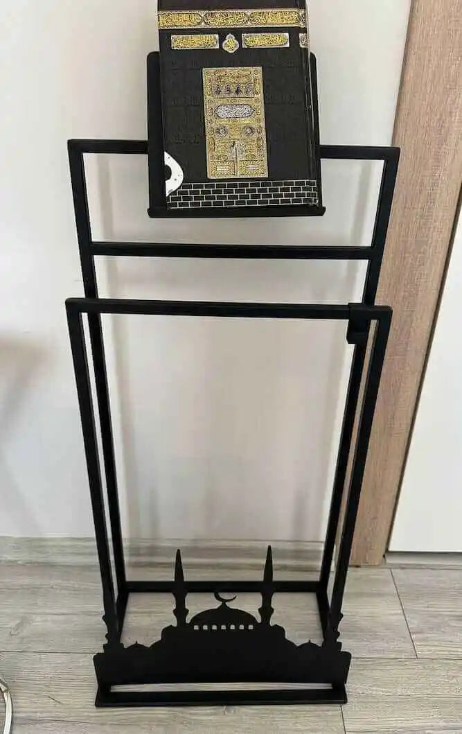 Elegant Handcrafted Metal Seczade & Quran Stand – Modern Islamic Prayer Mat Organizer with Quran Holder,Perfect for Islamic Home Décor