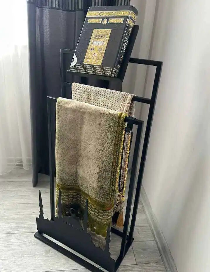 Elegant Handcrafted Metal Seczade & Quran Stand – Modern Islamic Prayer Mat Organizer with Quran Holder,Perfect for Islamic Home Décor
