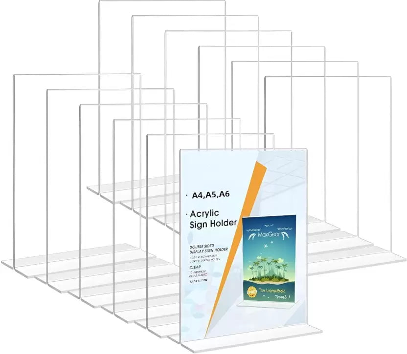 Idea Acrylic Sign Holder | Table Sign Holder Double Sided T Shape | Clear Plastic Desktop Display Holder | Vertical Menu Stand (Sign Holders for School, Office, Hotel, Party (Set 0f 5)