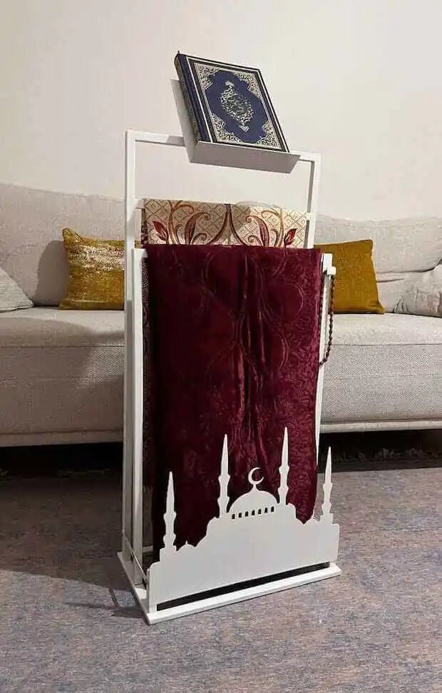 Elegant Handcrafted Metal Seczade & Quran Stand – Modern Islamic Prayer Mat Organizer with Quran Holder,Perfect for Islamic Home Décor