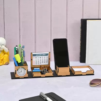 All in One Cube Box Office Desk Organizer With Clock and Mobile Stand Lifetime Table Calendar (Brown, Made in Pakistan Eco Friendly 2025)