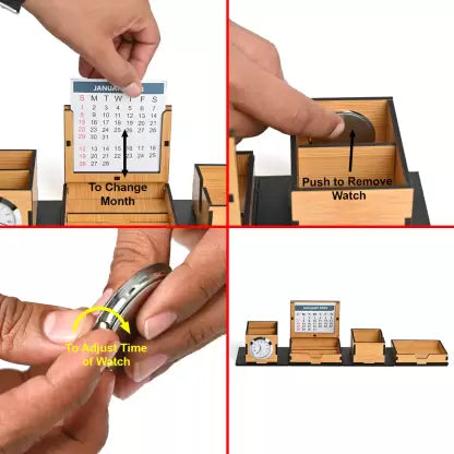All in One Cube Box Office Desk Organizer With Clock and Mobile Stand Lifetime Table Calendar (Brown, Made in Pakistan Eco Friendly 2025)