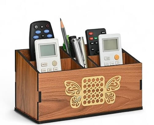 Wooden Remote Stand with 5 Sections | Remote Holder for Living Room, TV, and AC | Stationary Organizer | 5 in 1 | Ideal for Home and Office (Brown Butterfly)