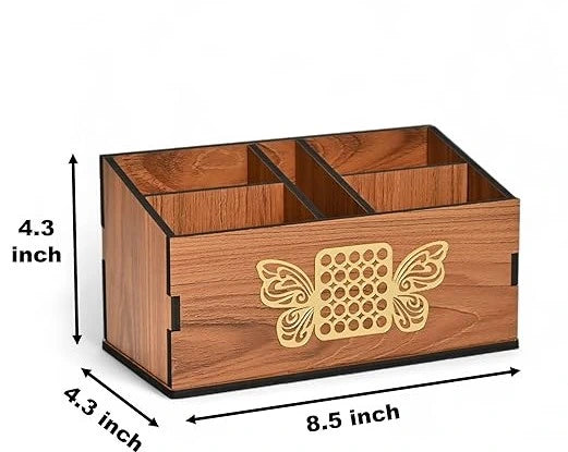 Wooden Remote Stand with 5 Sections | Remote Holder for Living Room, TV, and AC | Stationary Organizer | 5 in 1 | Ideal for Home and Office (Brown Butterfly)