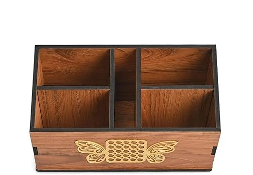 Wooden Remote Stand with 5 Sections | Remote Holder for Living Room, TV, and AC | Stationary Organizer | 5 in 1 | Ideal for Home and Office (Brown Butterfly)