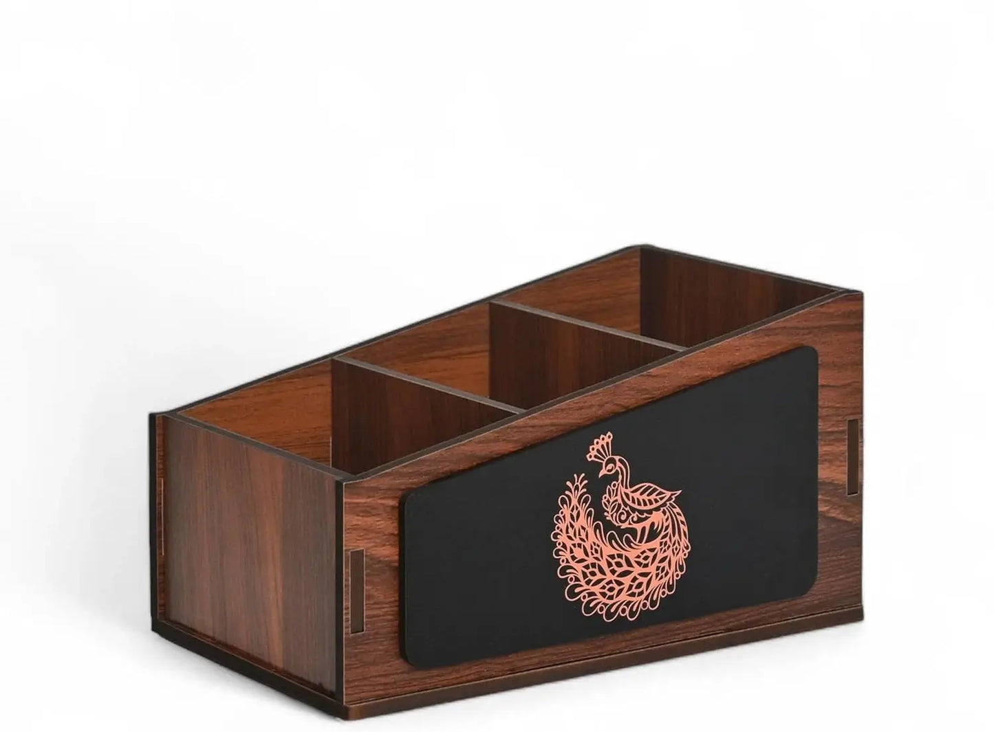 Wooden Remote Stand with 3 Sections | Remote Holder for Living Room, TV, and AC | Stationary Organizer | 3 in 1 | Ideal for Home and Office (Peacock Wood)