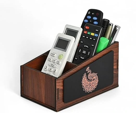 Wooden Remote Stand with 3 Sections | Remote Holder for Living Room, TV, and AC | Stationary Organizer | 3 in 1 | Ideal for Home and Office (Peacock Wood)
