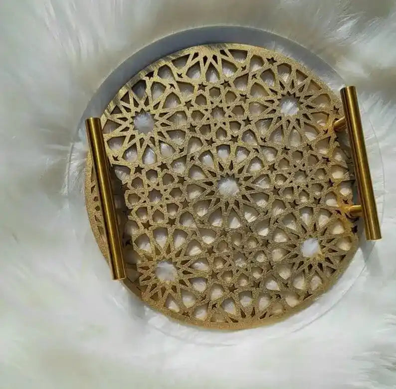 Islamic Pattern Wooden Sweets Tray With Acrylic Top - Gold/Silver-Ramadan-Eid Tray