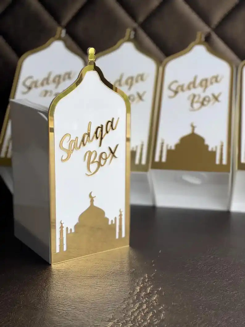Acrylic Sadaqah Box – Elegant Black and White Design | Customizable Charity Donation Box