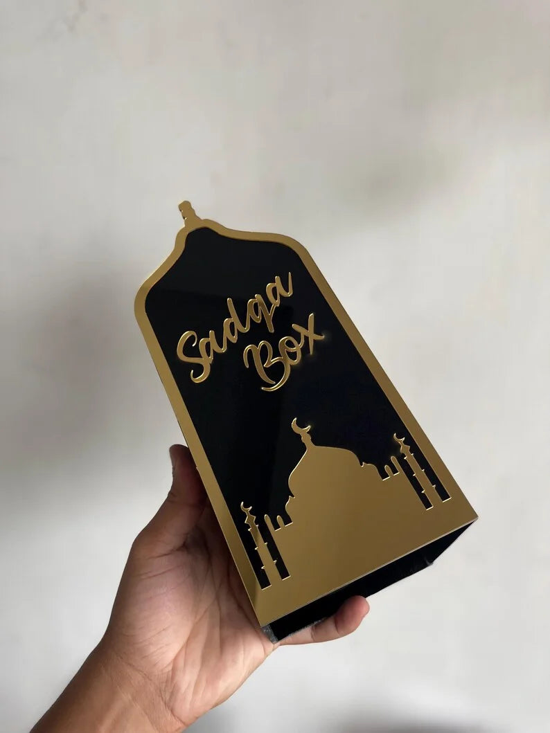 Acrylic Sadaqah Box – Elegant Black and White Design | Customizable Charity Donation Box