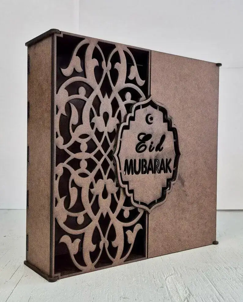 Handcrafted Wooden Eid Mubarak Gift Box | Laser-Cut Ramadan Decor | Elegant Keepsake Box