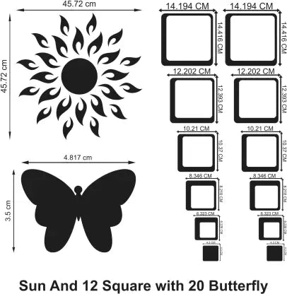Sun Flame 12 Square Silver With 20 Butterfly Golden 3D Acrylic Mirror Wall Sticker Decoration for Kids Room/Living Room/Bedroom/Office/Home Wall Pack of 57 (Silver, Golden)