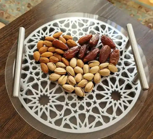 Islamic Pattern Wooden Sweets Tray With Acrylic Top - Gold/Silver-Ramadan-Eid Tray