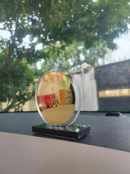 Ayatul Kursi Car Dashboard Stand- Round Design | Premium Clear Golden Acrylic