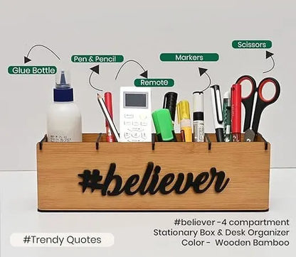 Multifunctional Office Supplies Desk Organiser Table Stationery Office Organizer, Motivational Gift  (Believer (Bamboo))