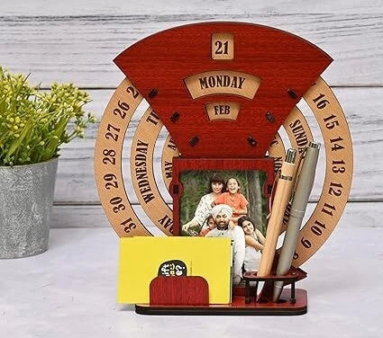 Wooden Desk / Table Calendar to Lifetime Infinite Calendar 2023 with Desk Organizer and Photo Frame for Office / Home (‎Red)