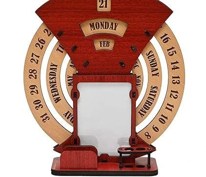 Wooden Desk / Table Calendar to Lifetime Infinite Calendar 2023 with Desk Organizer and Photo Frame for Office / Home (‎Red)