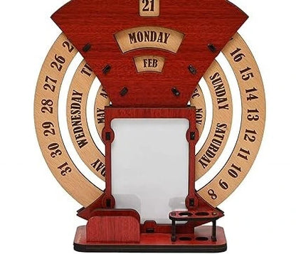 Wooden Desk / Table Calendar to Lifetime Infinite Calendar 2023 with Desk Organizer and Photo Frame for Office / Home (‎Red)