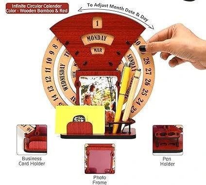 Wooden Desk / Table Calendar to Lifetime Infinite Calendar 2023 with Desk Organizer and Photo Frame for Office / Home (‎Red)