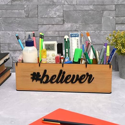 Multifunctional Office Supplies Desk Organiser Table Stationery Office Organizer, Motivational Gift  (Believer (Bamboo))