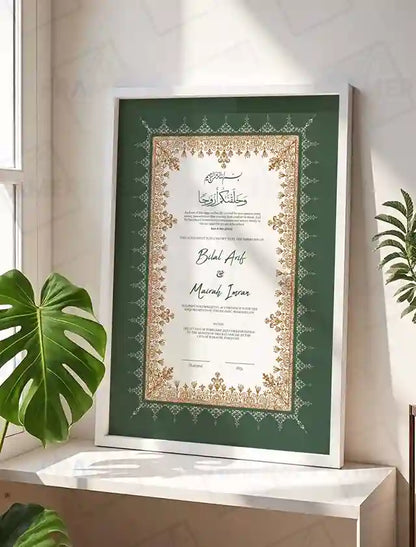 Green and Gold Floral Nikkah Certificate with Frame