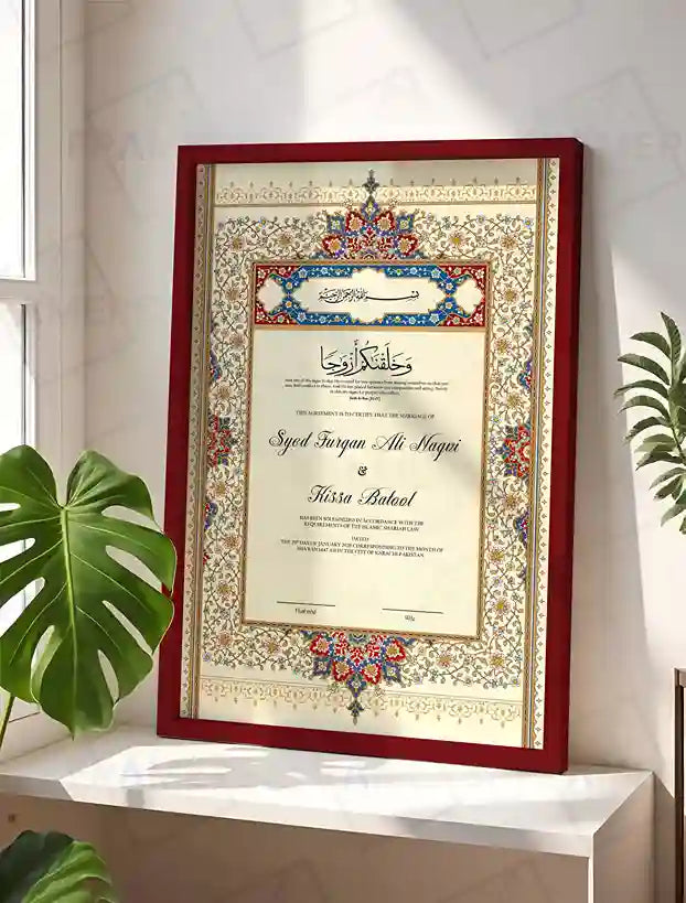 Classic Mughal Calligraphy Nikkah Certificate with Frame