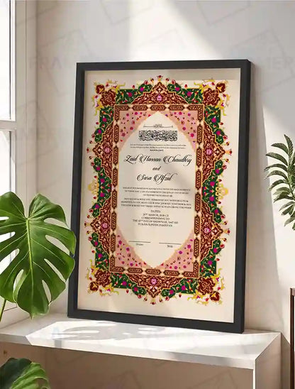 Maroon and Pink Tazhib Nikkah Certificate with Frame