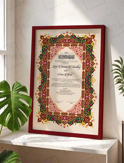 Maroon and Pink Tazhib Nikkah Certificate with Frame