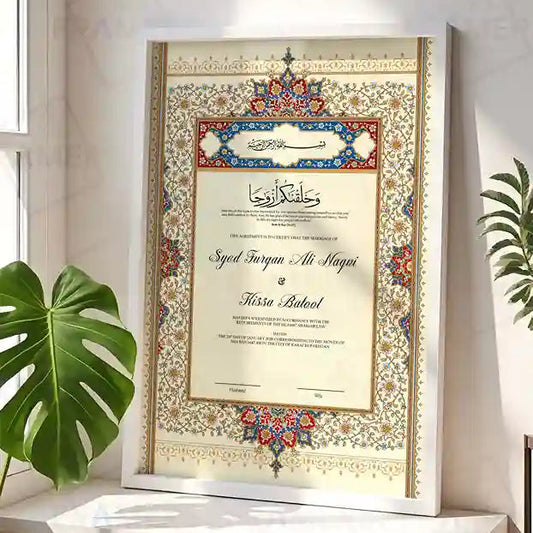Classic Mughal Calligraphy Nikkah Certificate with Frame