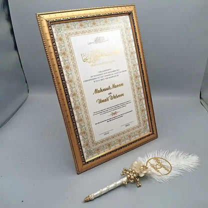 Gold Foil Name Fancy Frame Nikkah Certificate With Pen