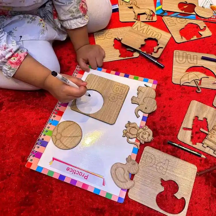 Kids Wooden Drawing Stencils English/Urdu/Mathematics Alphabets Learning