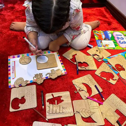 Kids Wooden Drawing Stencils English/Urdu/Mathematics Alphabets Learning
