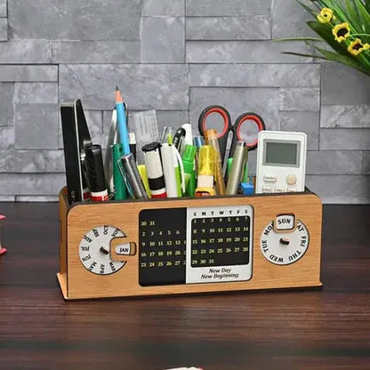Wooden Desk Organizers & Pen Holder, Multi-Functional Desk organizer, Eco-Friendly, Handmade Wooden Pen Stand, Perpetual Calender Wood, Gift for Students & Professionals