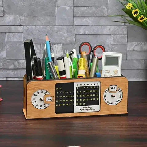 Wooden Desk Organizers & Pen Holder, Multi-Functional Desk organizer, Eco-Friendly, Handmade Wooden Pen Stand, Perpetual Calender Wood, Gift for Students & Professionals