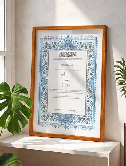 Blue and Grey Floral Nikkah Certificate with Frame