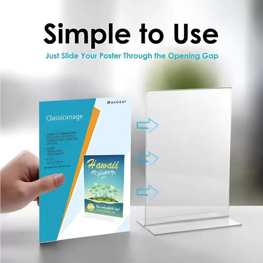 Idea Acrylic Sign Holder | Table Sign Holder Double Sided T Shape | Clear Plastic Desktop Display Holder | Vertical Menu Stand  (Sign Holders for School, Office, Hotel, Party (Set 0f 5)