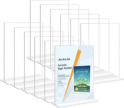 Idea Acrylic Sign Holder | Table Sign Holder Double Sided T Shape | Clear Plastic Desktop Display Holder | Vertical Menu Stand  (Sign Holders for School, Office, Hotel, Party (Set 0f 5)