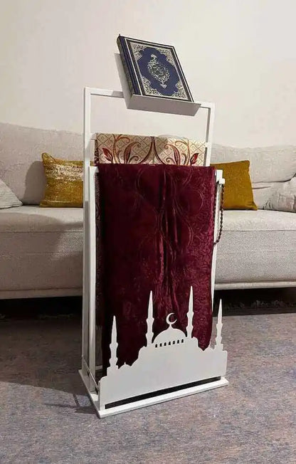 Elegant Handcrafted Metal Seczade & Quran Stand – Modern Islamic Prayer Mat Organizer with Quran Holder,Perfect for Islamic Home Décor