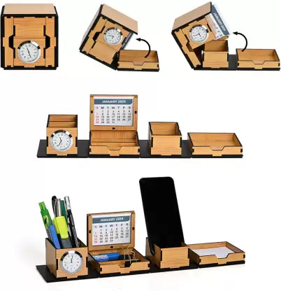 All in One Cube Box Office Desk Organizer With Clock and Mobile Stand Lifetime Table Calendar  (Brown, Made in Pakistan Eco Friendly 2025)