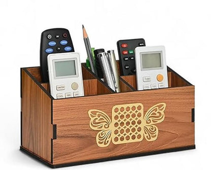 Wooden Remote Stand with 5 Sections | Remote Holder for Living Room, TV, and AC | Stationary Organizer | 5 in 1 | Ideal for Home and Office (Brown Butterfly)