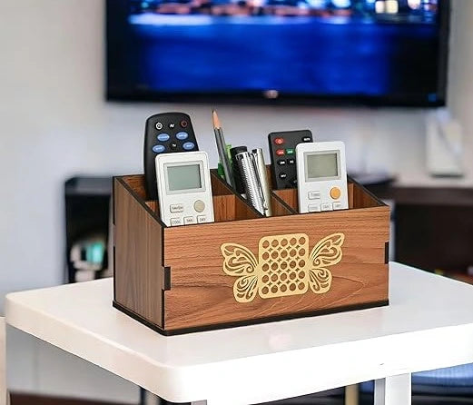 Wooden Remote Stand with 5 Sections | Remote Holder for Living Room, TV, and AC | Stationary Organizer | 5 in 1 | Ideal for Home and Office (Brown Butterfly)