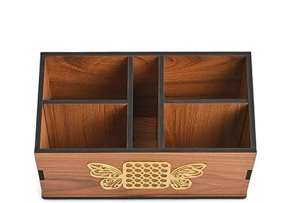 Wooden Remote Stand with 5 Sections | Remote Holder for Living Room, TV, and AC | Stationary Organizer | 5 in 1 | Ideal for Home and Office (Brown Butterfly)