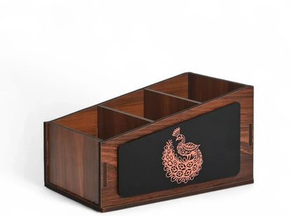 Wooden Remote Stand with 3 Sections | Remote Holder for Living Room, TV, and AC | Stationary Organizer | 3 in 1 | Ideal for Home and Office (Peacock Wood)
