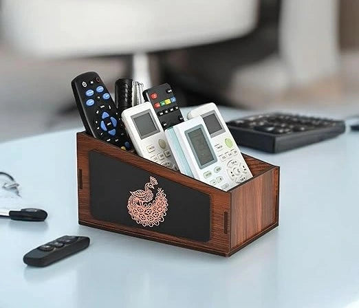 Wooden Remote Stand with 3 Sections | Remote Holder for Living Room, TV, and AC | Stationary Organizer | 3 in 1 | Ideal for Home and Office (Peacock Wood)