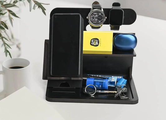 Desk Organizer & Docking Station (6 in 1) with Mobile Stand Gift for Him Gift for Husband Gift for Brother Table Organizer (Black)