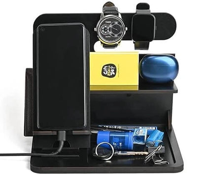 Desk Organizer & Docking Station (6 in 1) with Mobile Stand Gift for Him Gift for Husband Gift for Brother Table Organizer (Black)